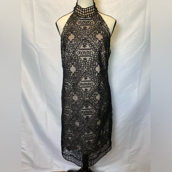 Nicole Miller Black Embroidered Applique Overlay High Neck Sheath Dress Size 12 - Picture 1 of 16